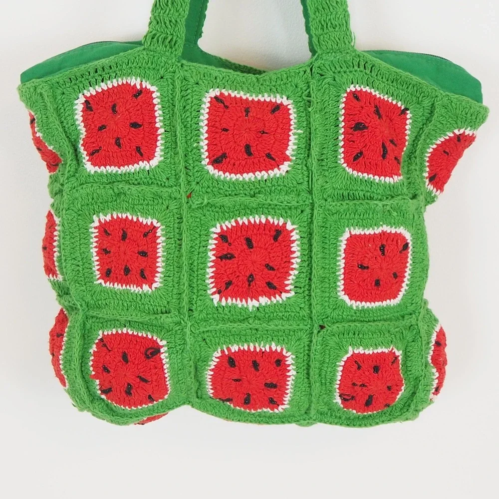 AMERICA & BEYOND Crochet Granny Square Watermelon Tote Bag Summer Beach Cottage‎